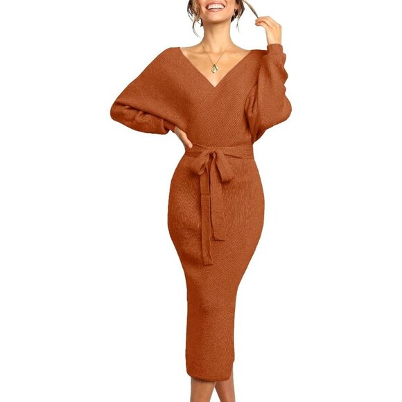 Dresses & Skirts - Women's Sweater Dress Wrap Batwing V Neck Slit Bodycon Dress with Belt Rust